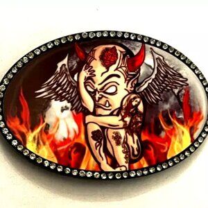 Gothic LITTLE DEVIL belt buckle with Rhinestone border fits a 1 3/4" belt